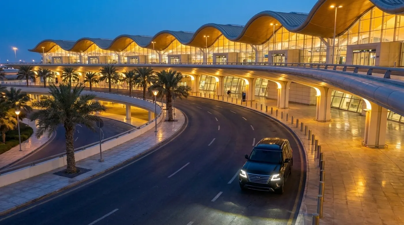 Aerial view of the arrivals curb at Muscat International Airport