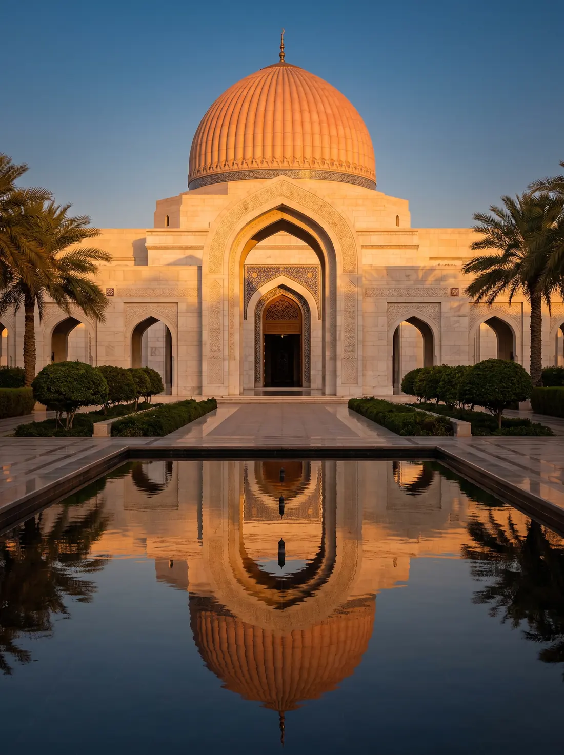 Sultan Qaboos Grand Mosque reflected in a pool at dusk